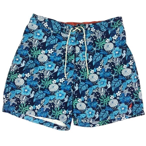 Nautica Mens Swim Trunks 2XL Blue Floral Sea Life Elastic Waist Mesh Lining - Picture 1 of 5